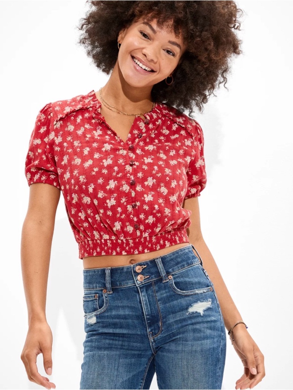 AE Cropped Smocked Blouse American Eagle Red‎ Crop Peasant Femme Boho Small